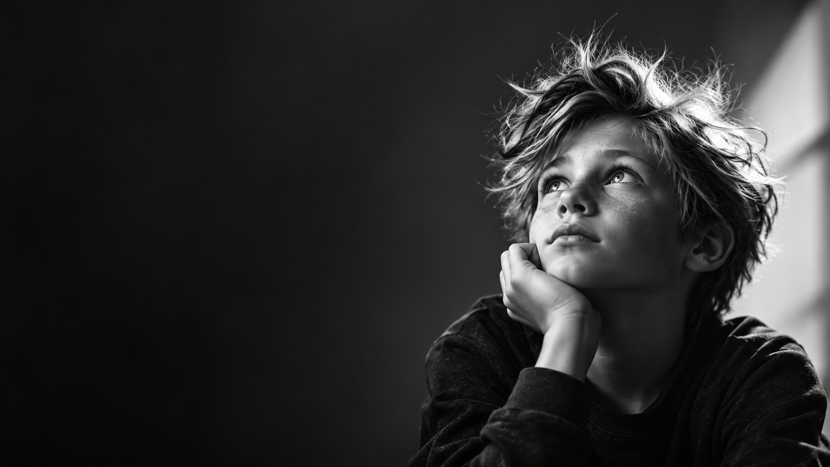 Ein Kind in Gedanken, den Blick nach oben auf eine Idee gerichtet