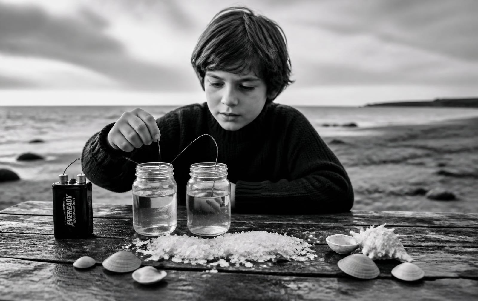 Eine junge Forscherin am Meer untersucht zwei Wassergläser mit Elektroden, Batterie, Salzkristallen und Muscheln